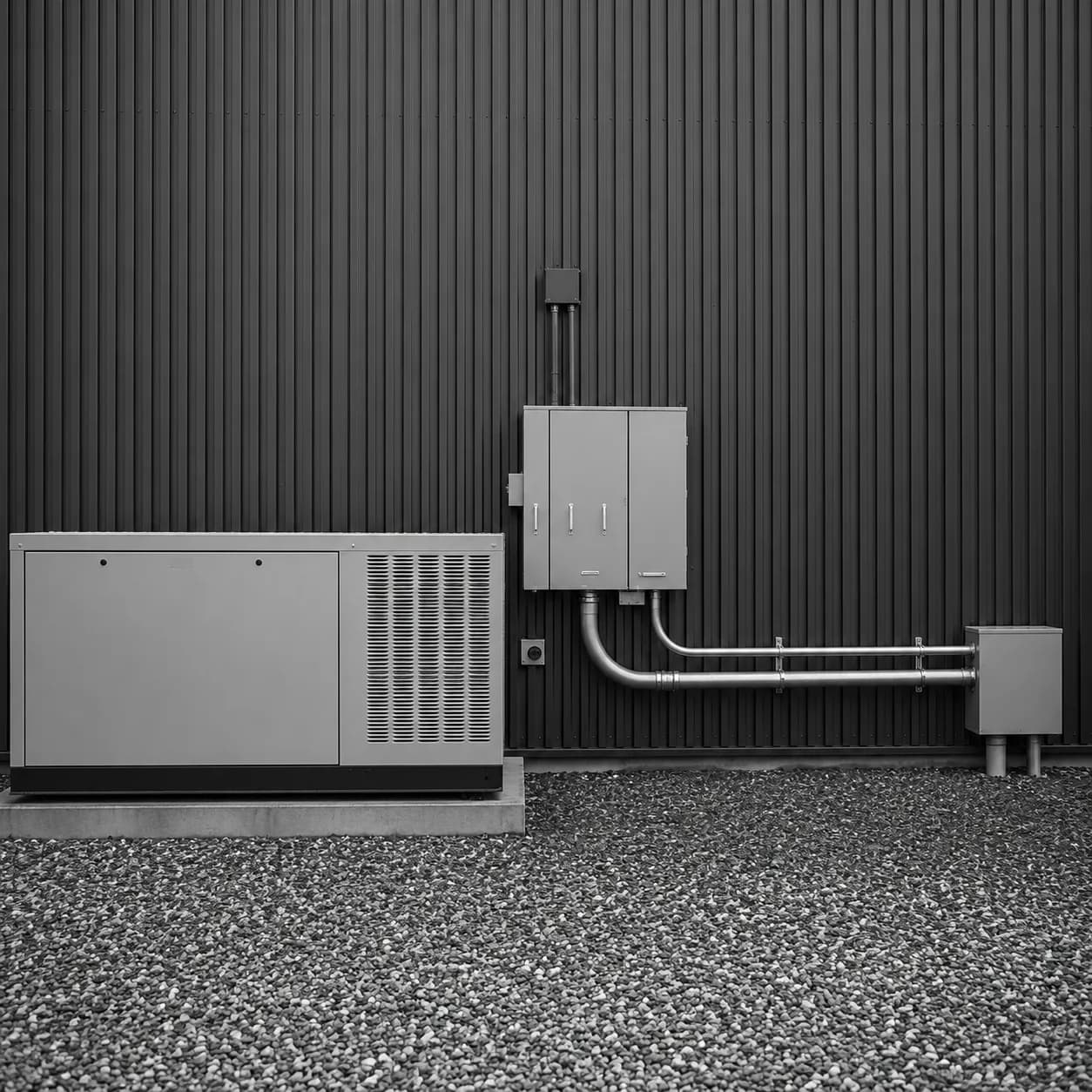 Standby generator and electrical service panels on a commercial wall
