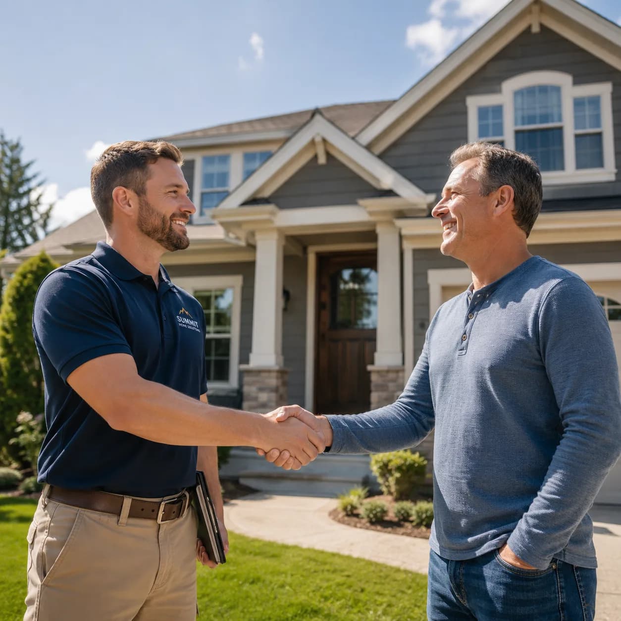 Contractor shaking hands with a homeowner in front of their house