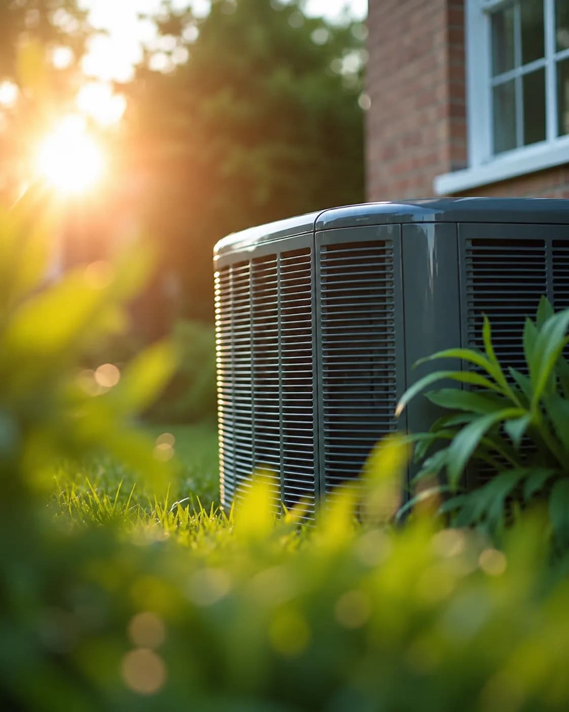 Outdoor HVAC condenser unit beside a brick home at sunrise