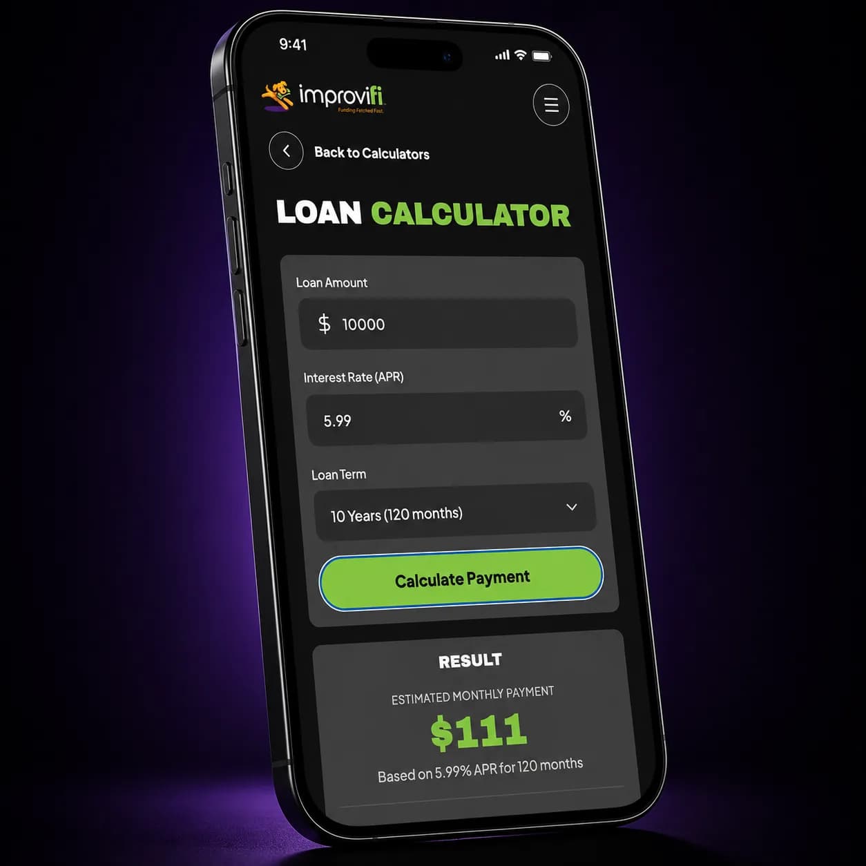 Improvifi loan calculator showing an estimated monthly payment on a phone