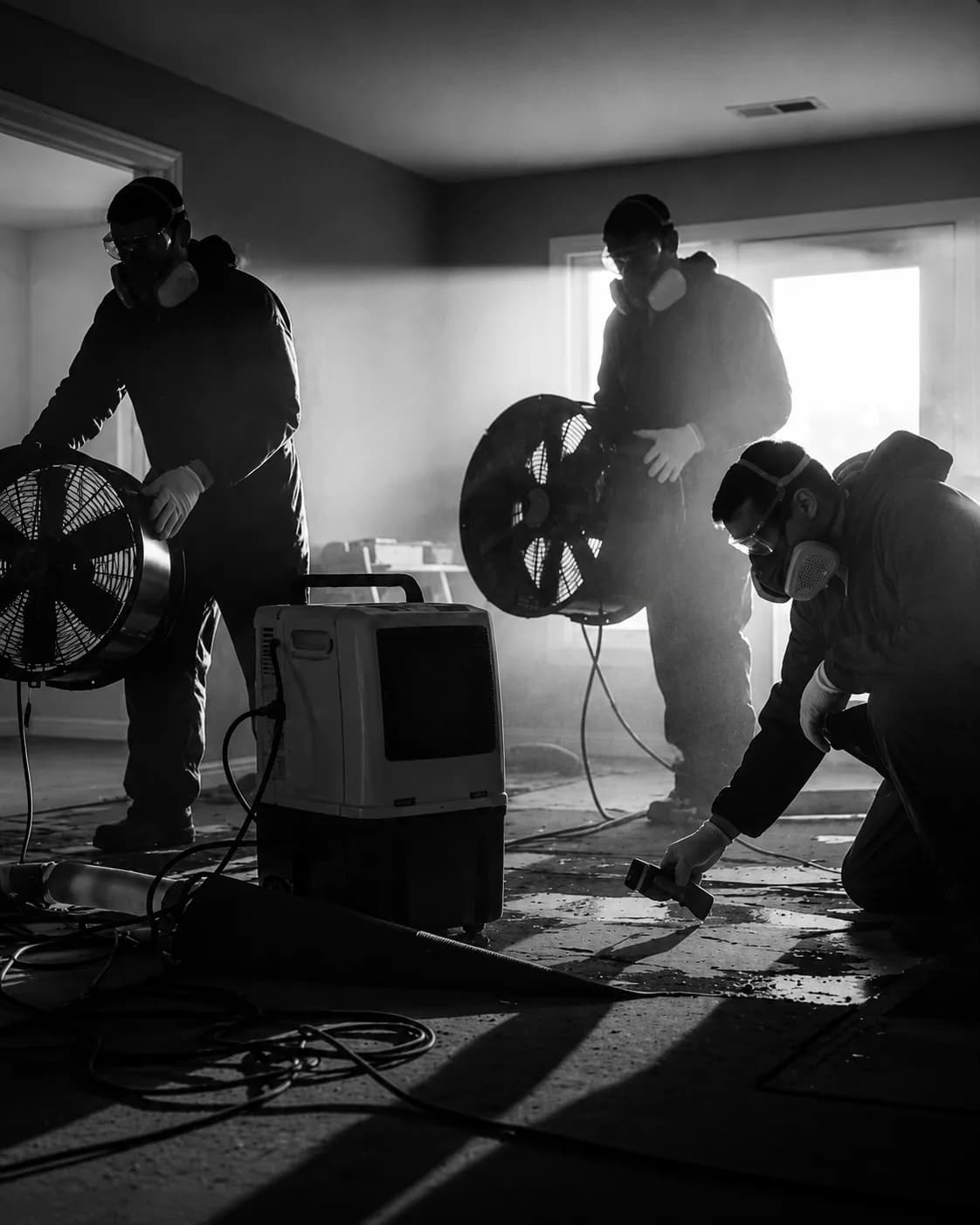 Restoration crew in respirators running fans and a dehumidifier during a dry-out