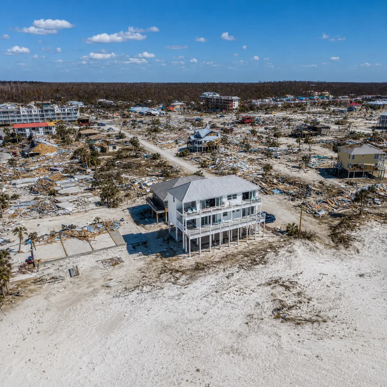 Aerial view of a beachfront neighborhood leveled by a hurricane, one house left standing