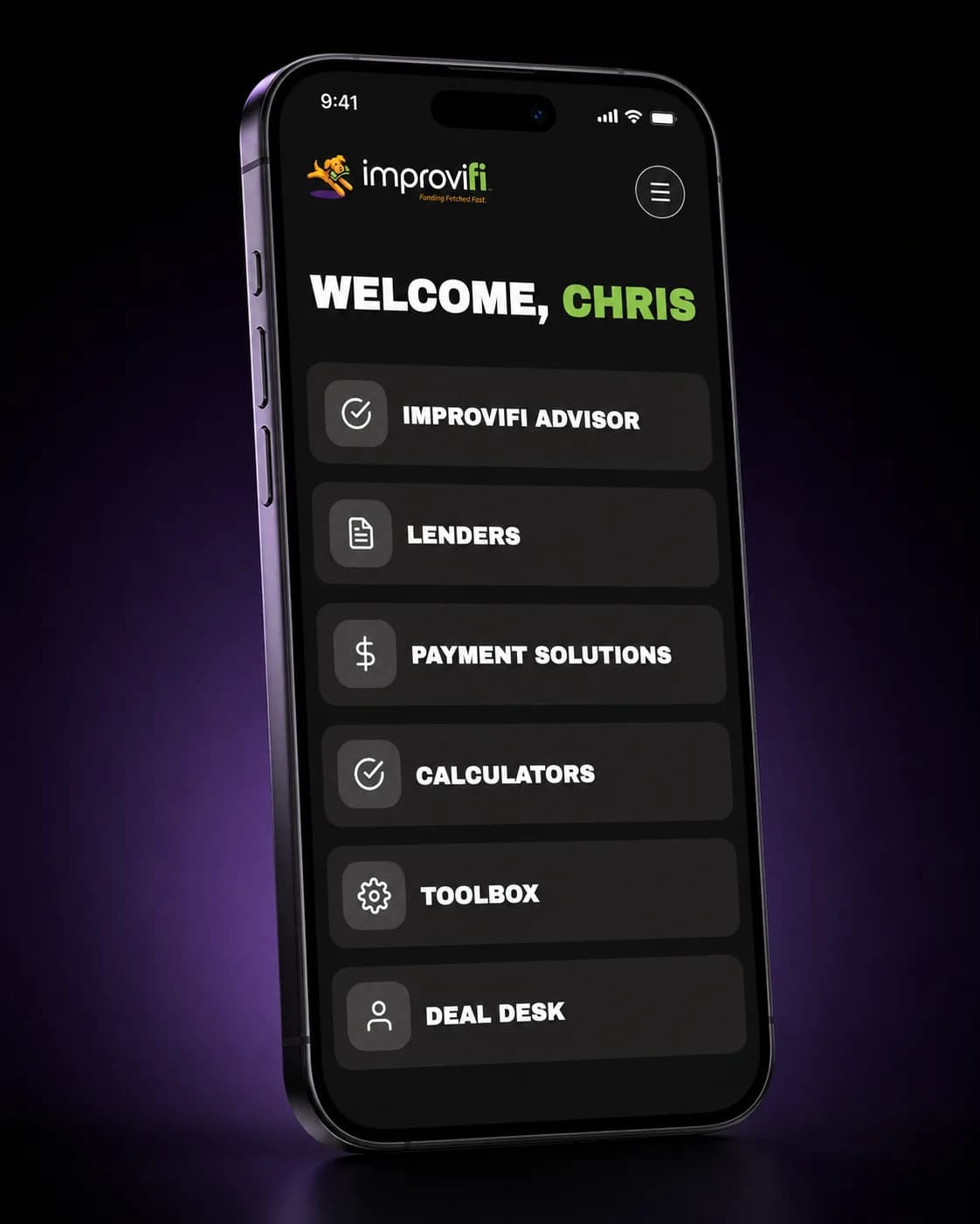 Improvifi app home screen on a phone with Advisor, Lenders, and Deal Desk tools