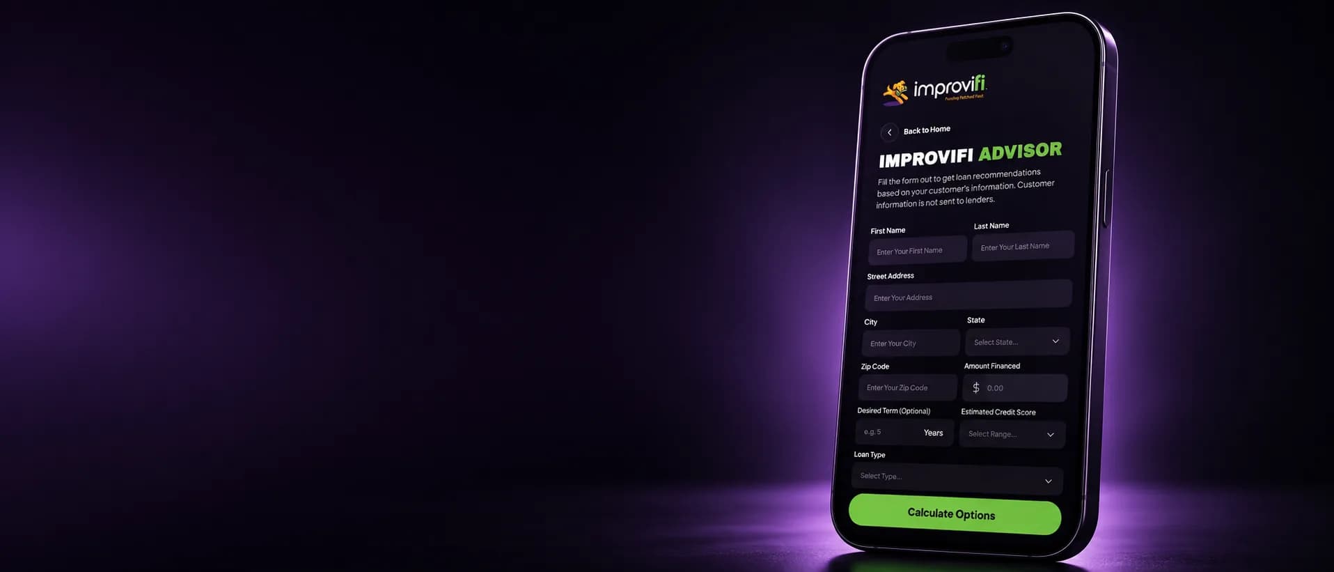 Improvifi Advisor application form on a phone against a purple backdrop