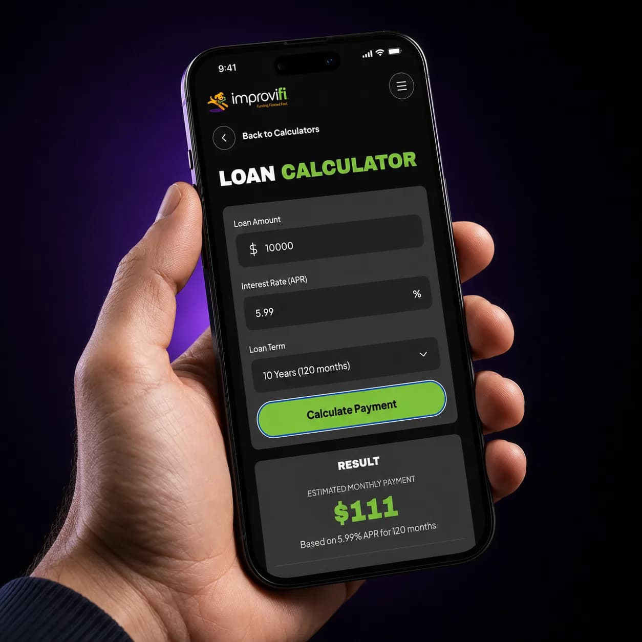 Improvifi loan calculator showing a monthly payment on a phone