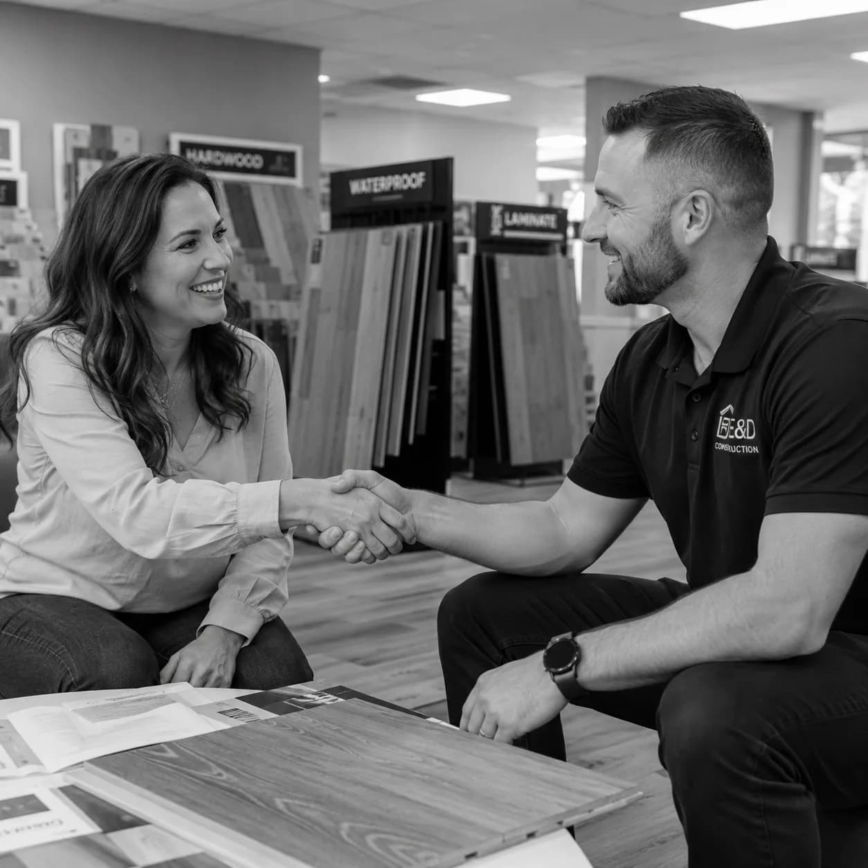 Flooring contractor shaking hands with a homeowner in a showroom