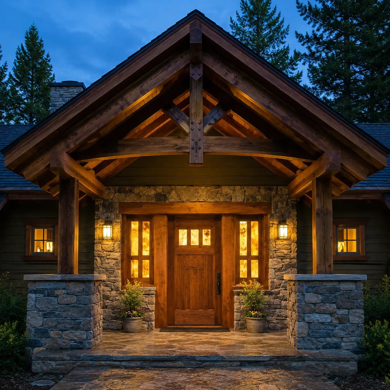 Craftsman entry door and new windows glowing at dusk on a stone-and-timber home