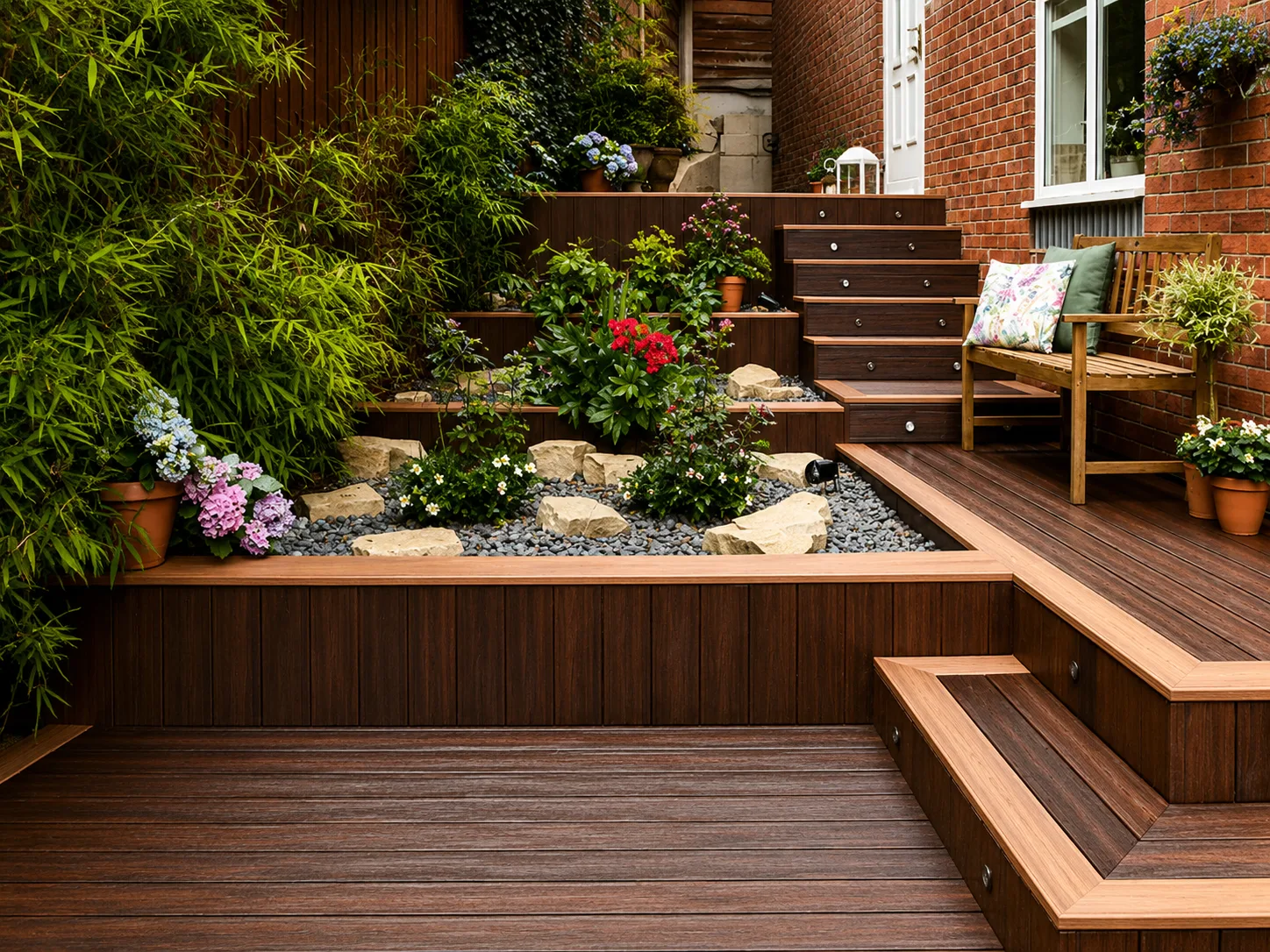 Multi-level composite deck with built-in garden beds and seating