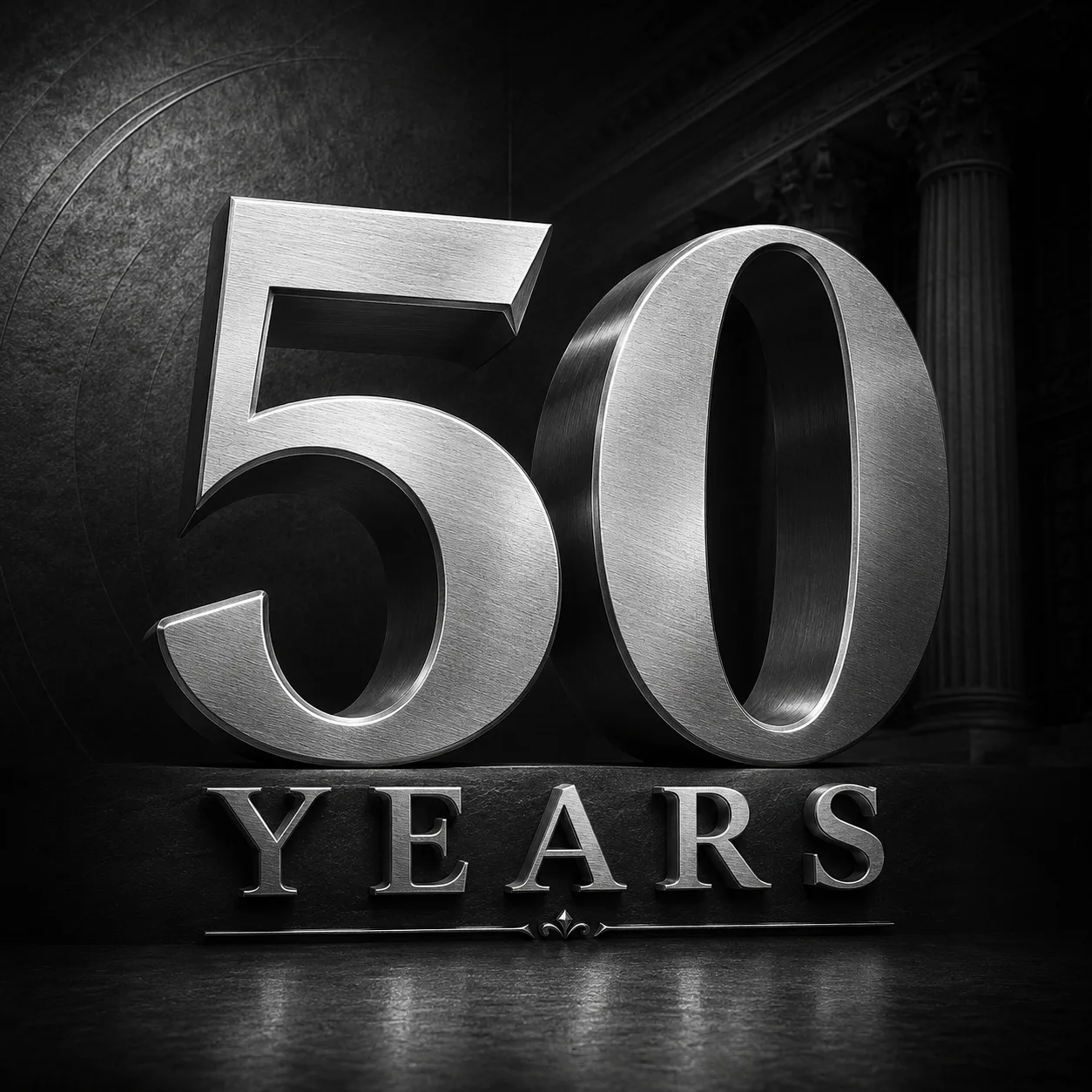 Monumental metallic 50 Years lettering celebrating five decades in business